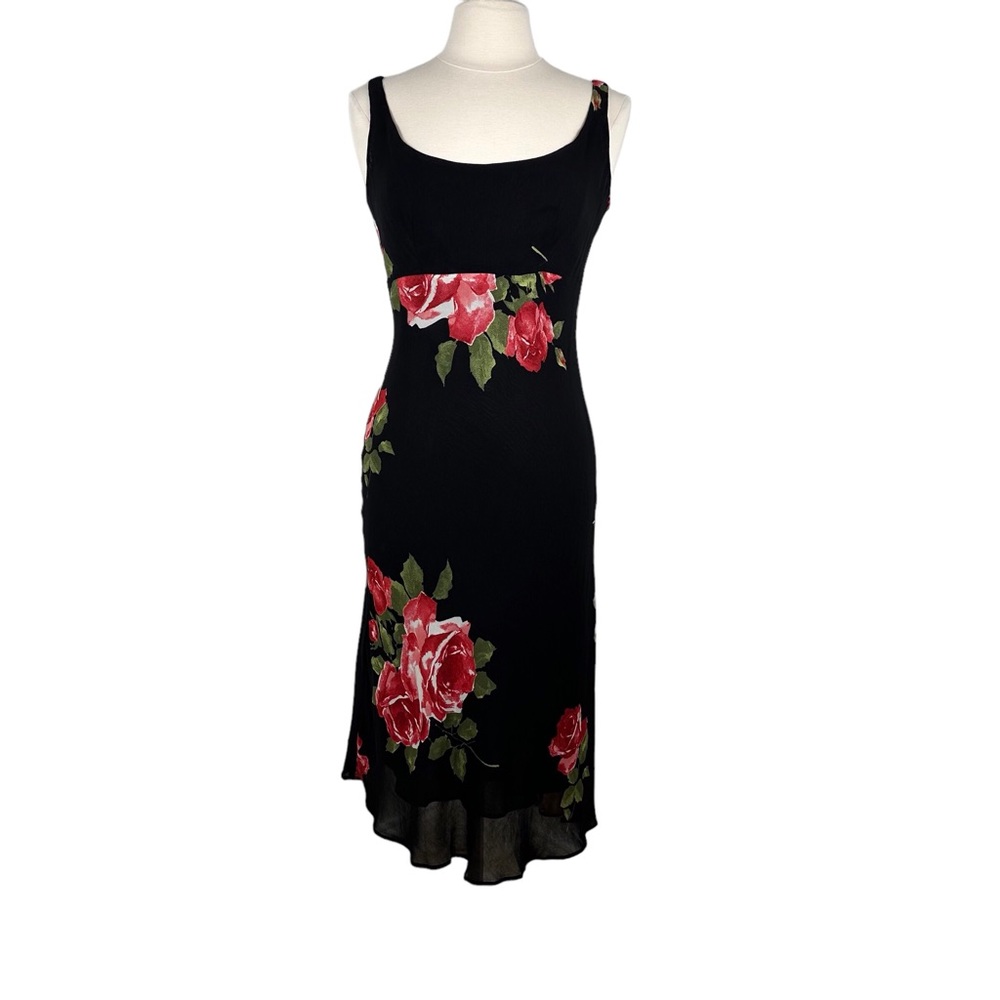 Vintage Amorosé Black Sleeveless Chiffon Dress w/Large Rose Motif Sz S
